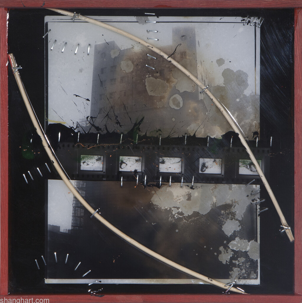 Passions Bloom Ambitions - 2018 - Summer Solstice No. 54 (elmwood, B&W Photograph, film, staples, pegwood, resin 28.5×28.6cm)
