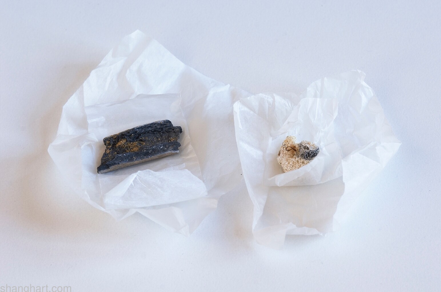 Installation detail; pieces of bone left from the artist’s grandmother’s funeral pyre