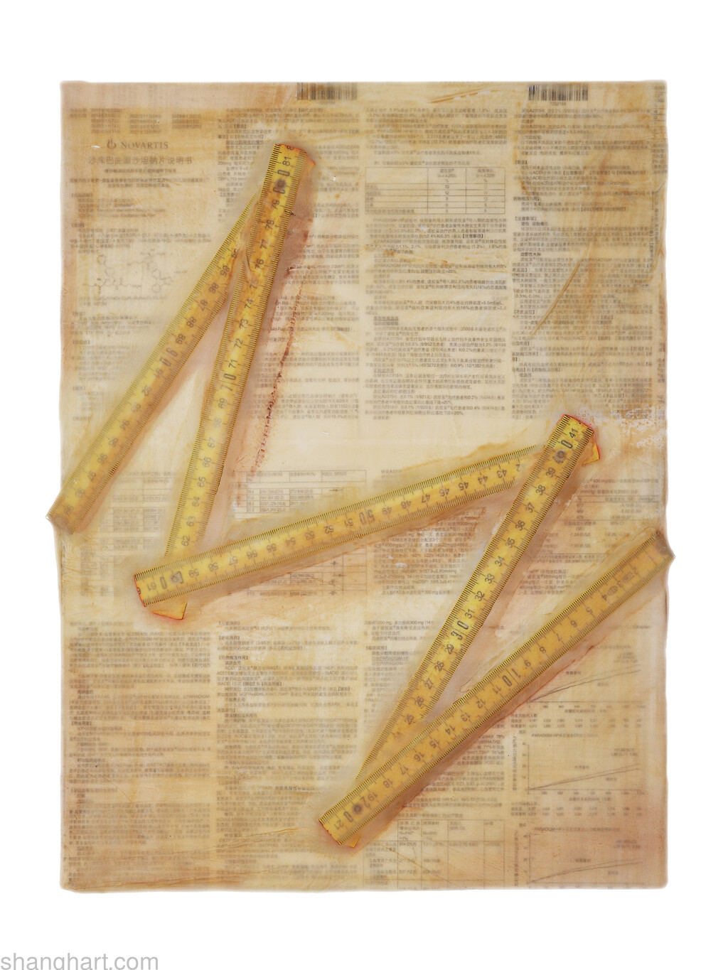 Resin clay, acrylic, medicine instruction and folding ruler on wood