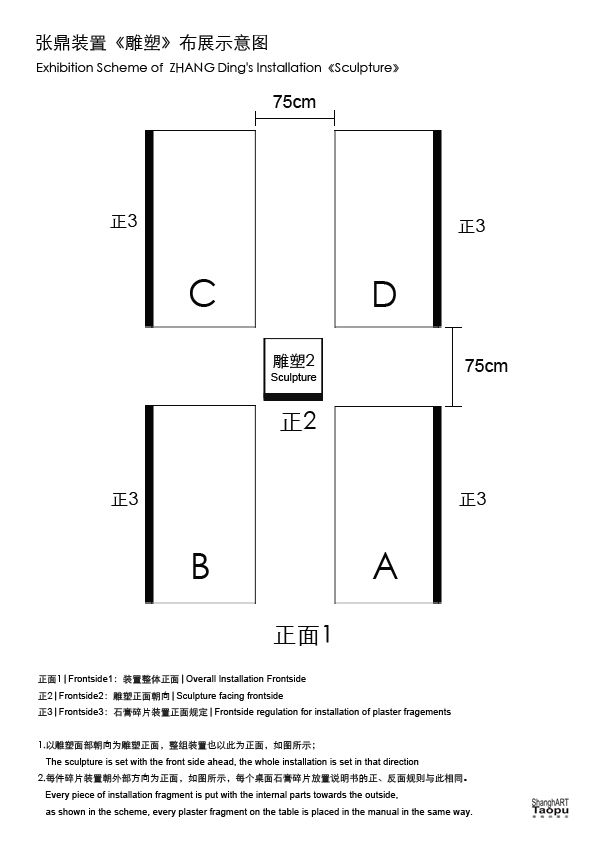 布展示意，包括雕塑和装置的正面朝向的规定；间距规定等