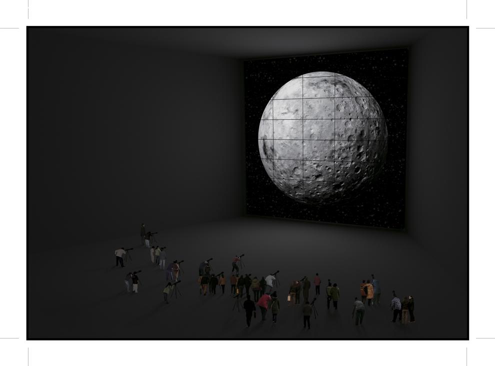 胡介鸣作品《嗨！一个世界正在建设中》呈现了月球表面的一项巨大工程, 工程建设的逻辑依据来自与当今互联网上的丰繁数据.
