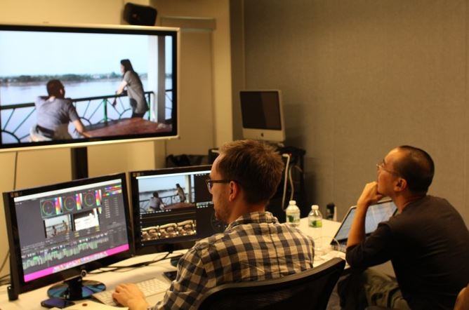 Apichatpong at work with the colorist at the Jacob  Burns Film Center, in Pleasantville, NY.